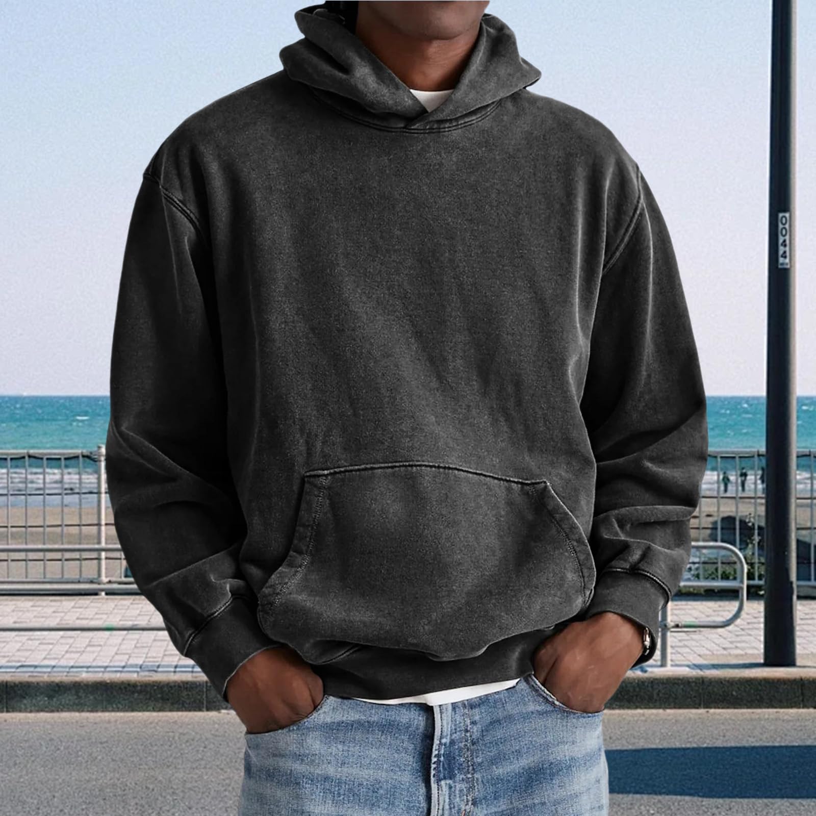

Men Hooded Pullover With Pocket Long Sleeve Fleece Sweatshirt Workout Tops Fall Fashion Hoodie L