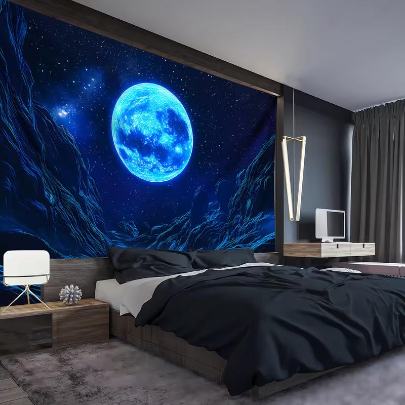 2D Cosmic Blue Moon & Mountain Tapestry Bedroom Background Decor