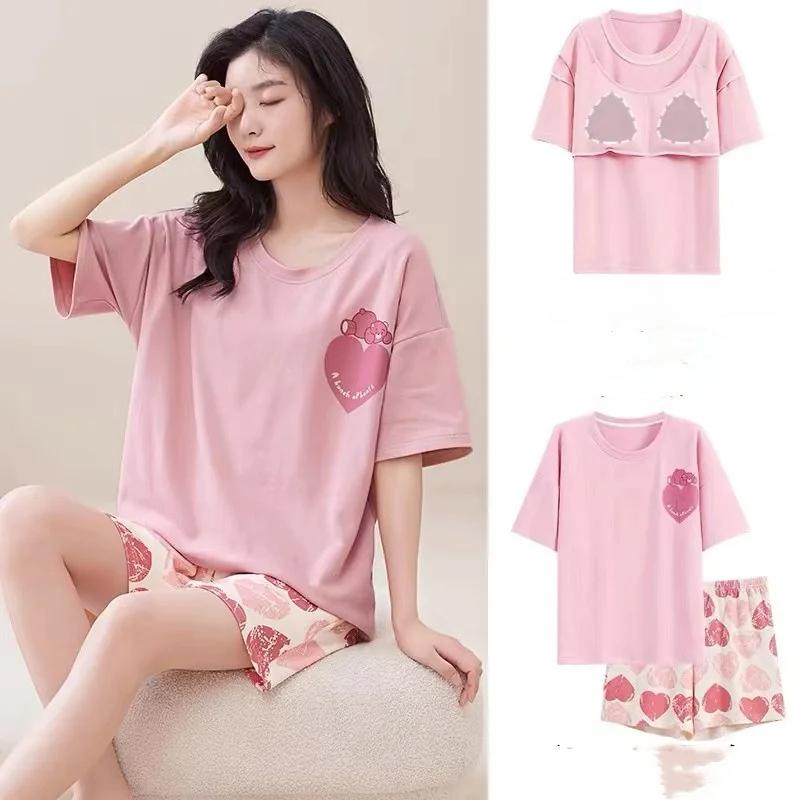 Women Summer Two Pieces Set Pajamas O-neck Short Sleeve Shorts Pant Homewear Thin Loose Cartoon Printing with Chest