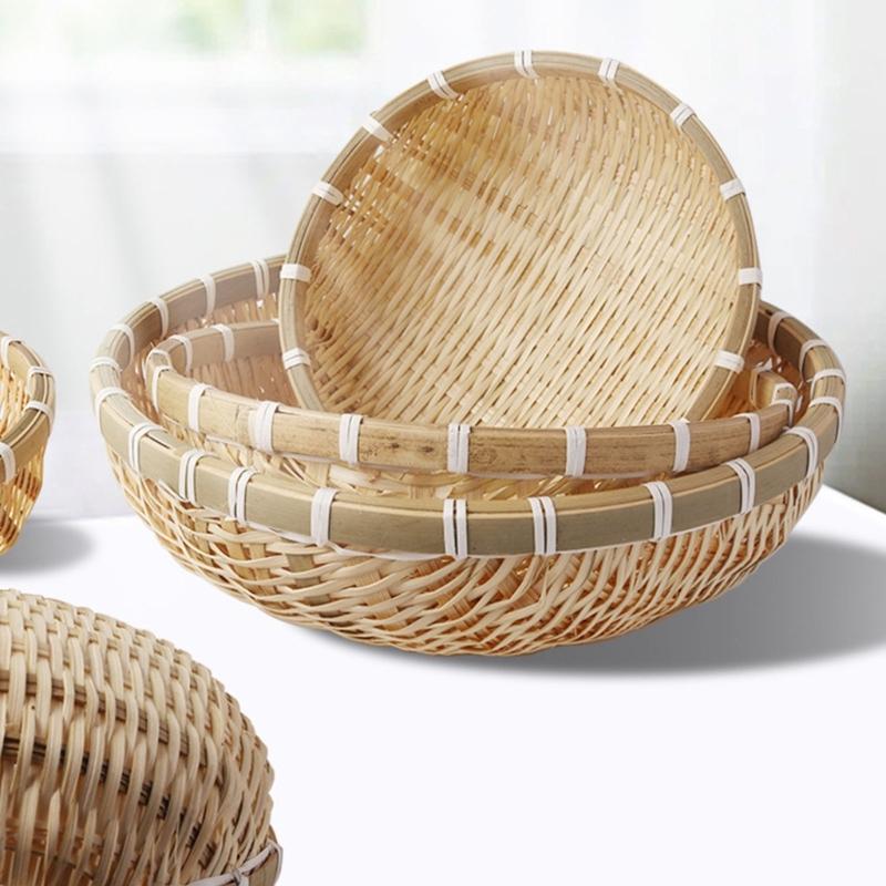 Natural Handwoven Bamboos Storage Basket for Multipurpose Kitchen Use Fruit and Nut Container with Nonslip Bottom