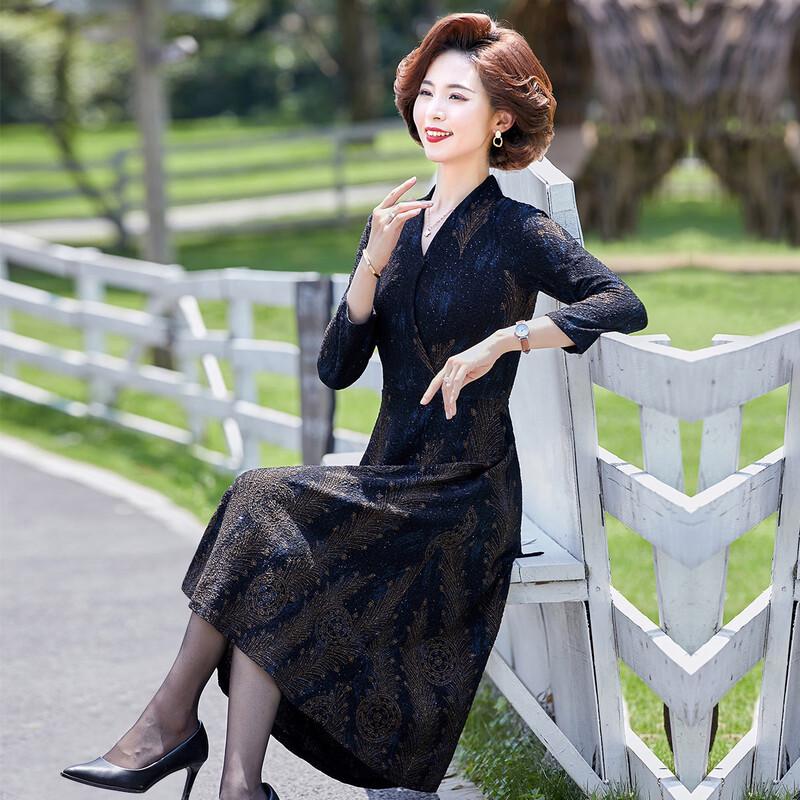 Pasite Autumn/Winter Vintage Print Elegant Midi Dress XL