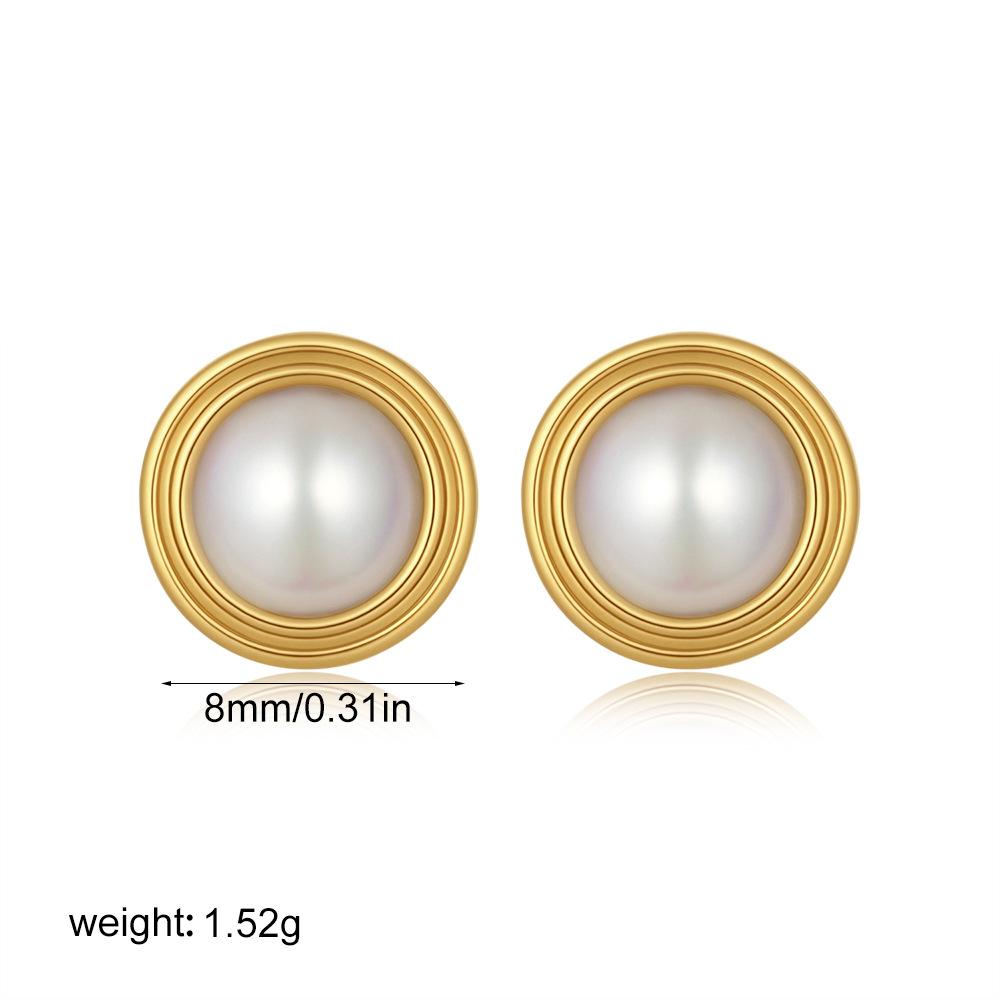 18K Gold Pearl Stud Earrings Spiral Circle Earrings Temperament French Elegant Simple Style Retro Earrings
