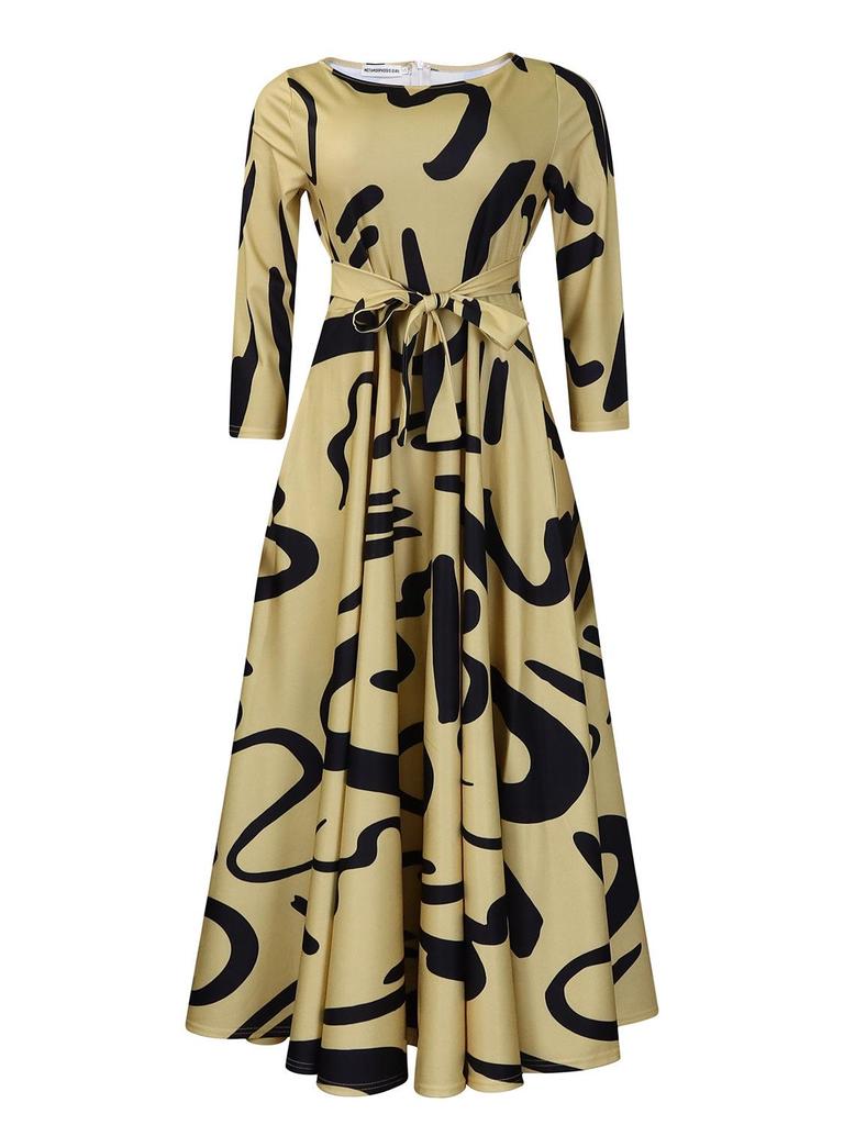 Women's 2024 Spring Lace-up Print African Plus Size Midi Dress