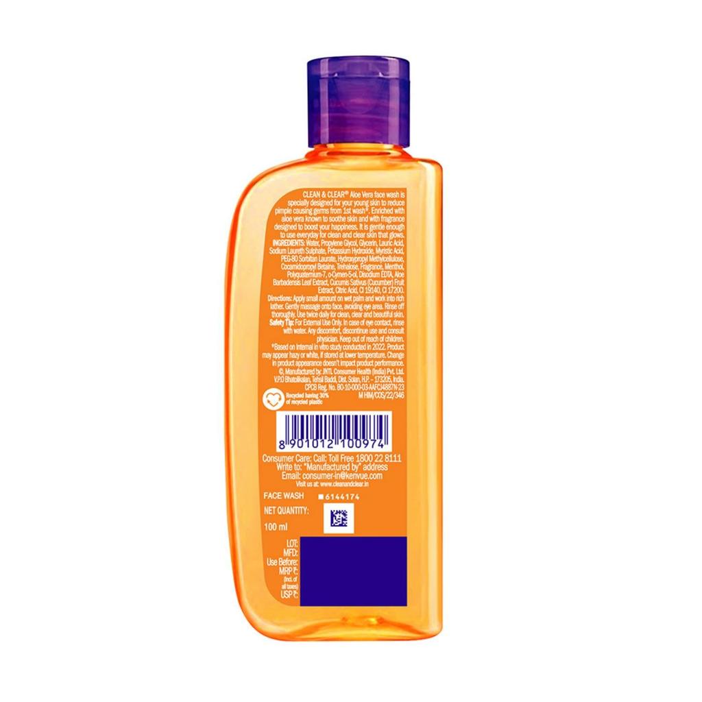 Clean & Clear Aloe Vera Face Wash 100ml Gentle Daily Skin Cleanser Reduces Pimples Naturally