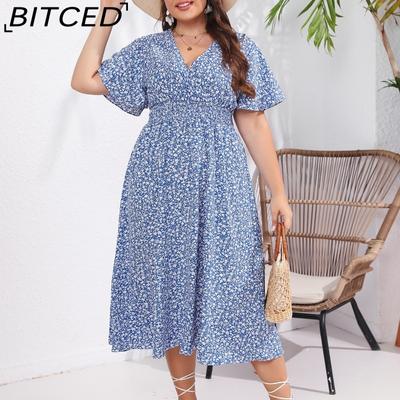 Sommer Übergröße Damen V-Ausschnitt Schlank Elegant Floral Schlicht Kurzarm Kleider