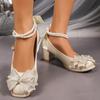 Fashion Bow French Mary Jane High Heels Women's Satin Block Heel Single Shoes New Chinese Style