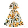 French Fashion Elegant Printed Dress Women's Summer Strap Waist Skinny Lapel Short Sleeve Shirt Long Dress