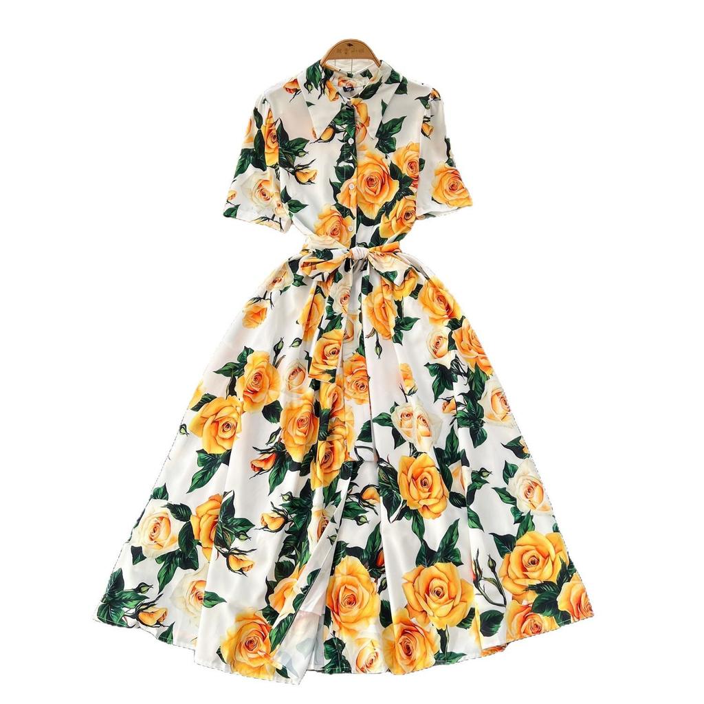 French Fashion Elegant Printed Dress Women's Summer Strap Waist Skinny Lapel Short Sleeve Shirt Long Dress