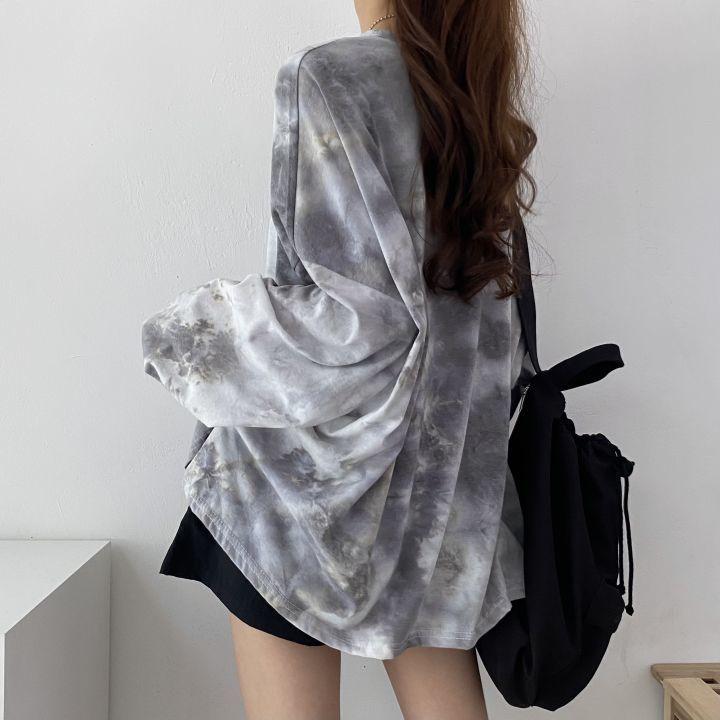 Plus Size Long Sleeve T-shirts Women Harajuku Tie-dye Autumn Loose Tops Teens Streetwear Y2k Sun-proof Clothing