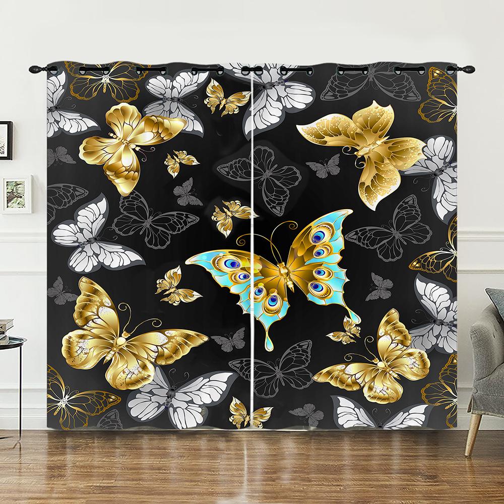 Vorhänge Retro Gold Schmetterling Tier Vorhänge Digitaldruck Verdunkelungsvorhänge Ohne Bohren