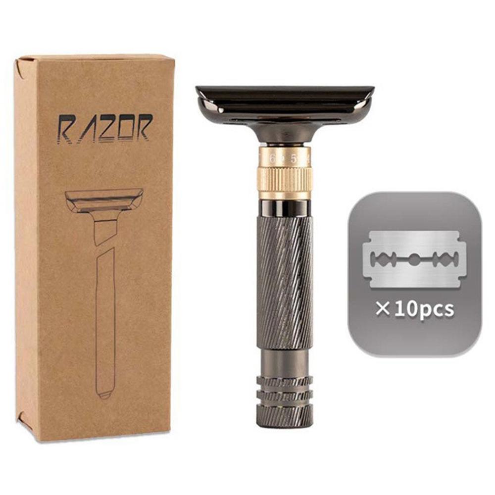 8-Speed Manual Adjustable Razor Double-Sided Safety Old-Fashioned Shaver with 10 Replacement Blades