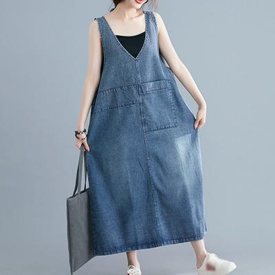 Women's Spring and Summer V-neck Sleeveless Denim Dress Loose Casual Mid-length Over-the-knee Long Skirt