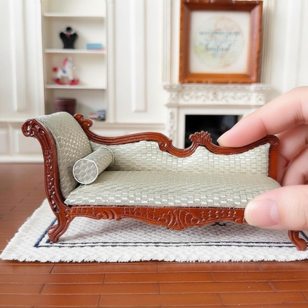 Miniature Chaise Longue 1:12 Scale Upholstered Couch with Pillow for
