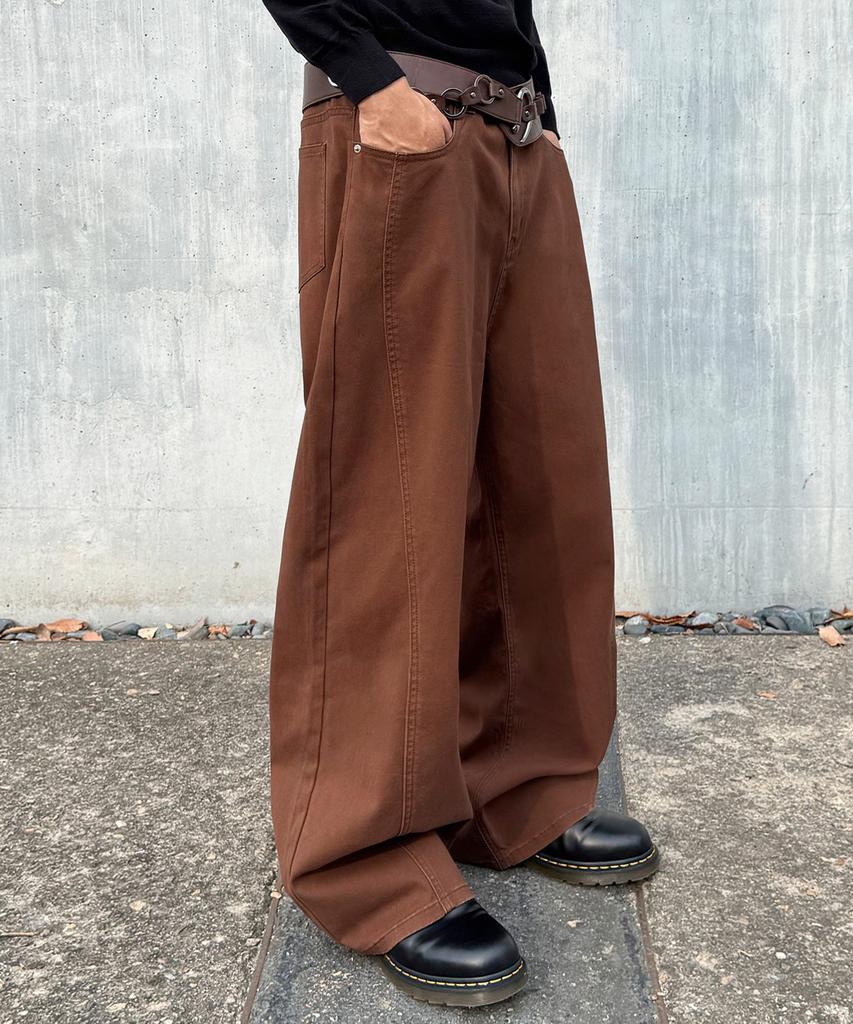 Jikeulib Brushed Brown Curved Cut-Line Wide Cotton Pants