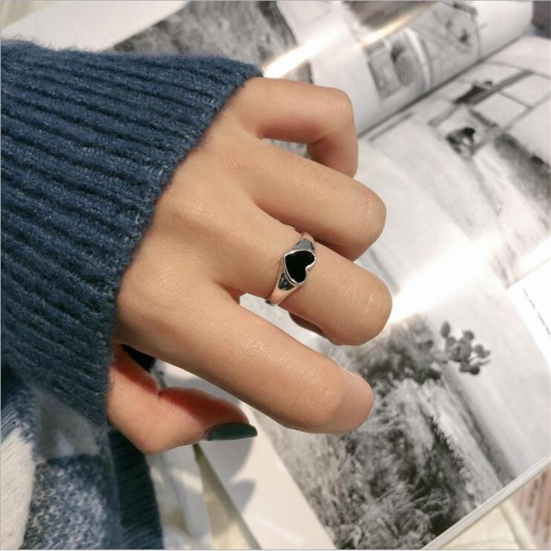 Sweet And Cool Epoxy Black Love 925 Sterling Silver Jewelry Personality Heart Shaped Fashion Temperament Opening Rings TYB010