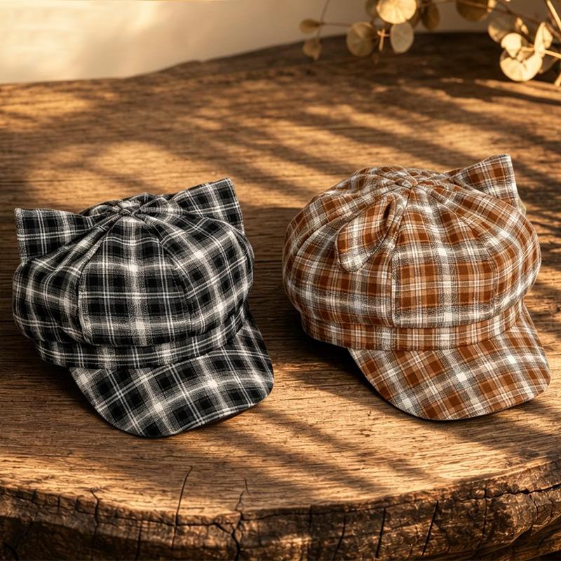 Autumn and winter Japan and Korea retro hat women's plaid simple versatile octagonal hat literary and sweet commuter newsboy hat