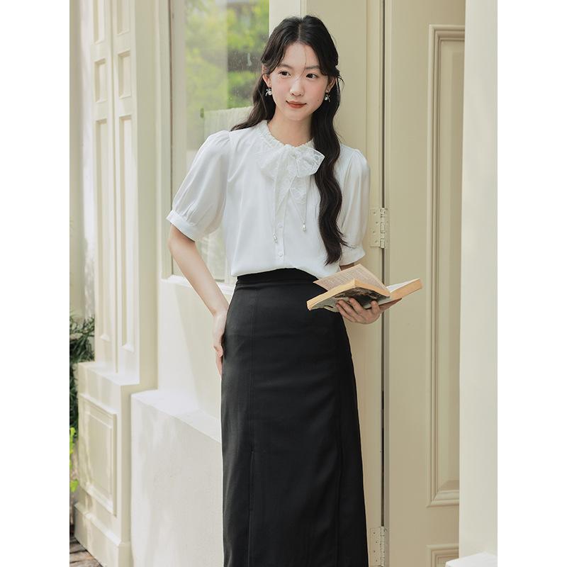 Summer Short-sleeved White Interview Dress Lace Bow Lace-up Shirt Top