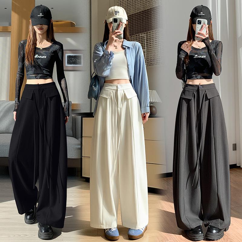 Women's Spring 2026 High-Waisted Lace-Up Wide-Leg Pants - Slimming, Casual, Floor-Length Scythe Style