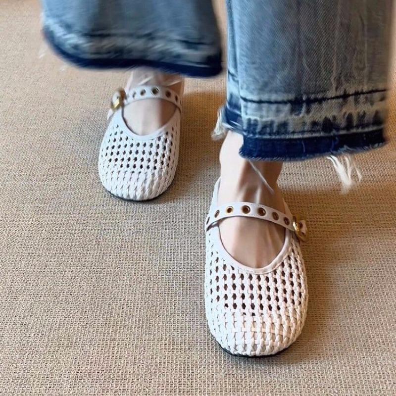 Fashion 2025 Summer New Women's Hollow-out Cow Leather Metal Buckle Slip-on Jane Flats Slides Sandal Elegant