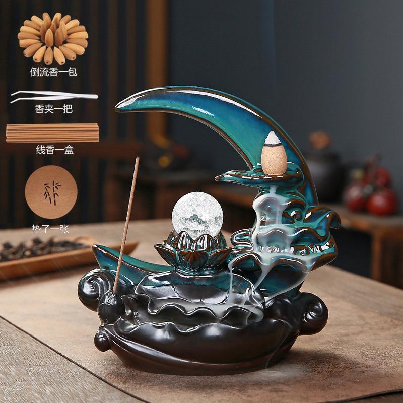 Creative Blue Lotus Pond Moonlight Reverse Flow Incense Burner Creative Home Decor Item Ceramic Incense Burner