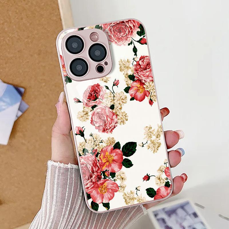 Applicable iPhone17ProMax Spring Flowers Metallic Lacquer Glass Mobile Phone Protective Case 17 All Inclusive 15 Fine Holes 16
