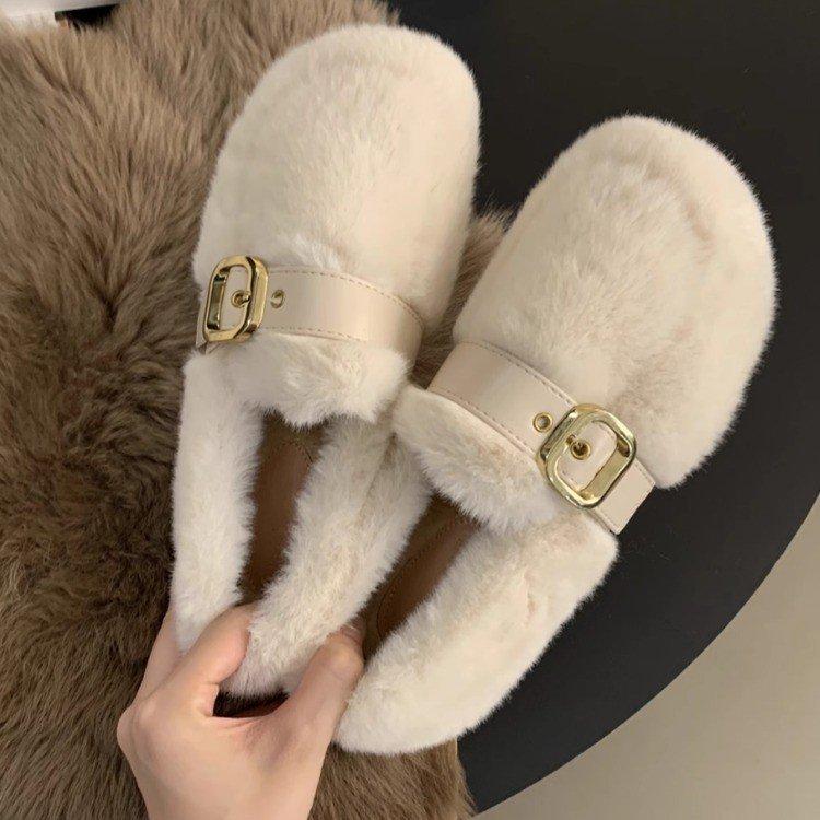 Flat-bottomed plush shoes female autumn and winter mink hair warm fairy wind Doudou cotton shoes