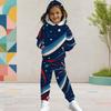 Girls Hooded Long Sleeve Star Firework Printed Dark Blue Two Piece Outfit Kangaroo Pocket Cuffed Pants Set