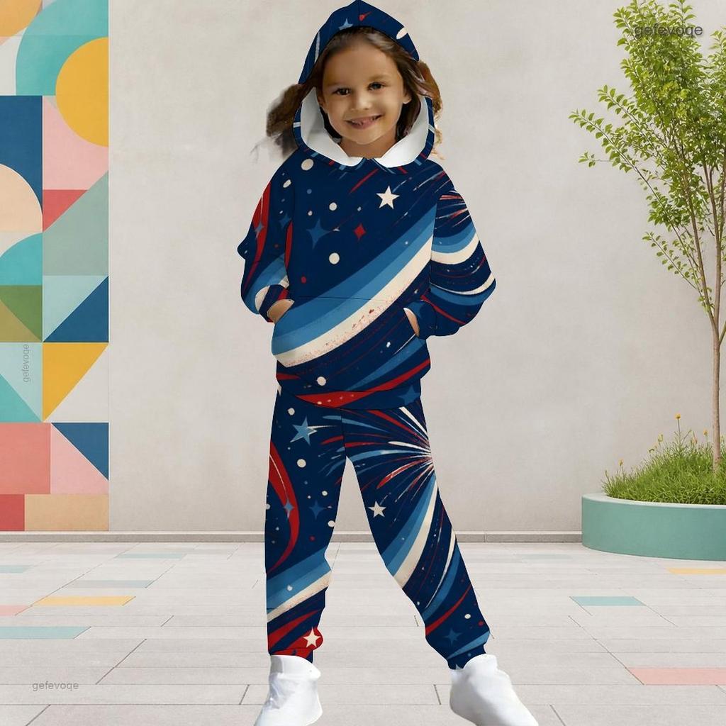Girls Hooded Long Sleeve Star Firework Printed Dark Blue Two Piece Outfit Kangaroo Pocket Cuffed Pants Set