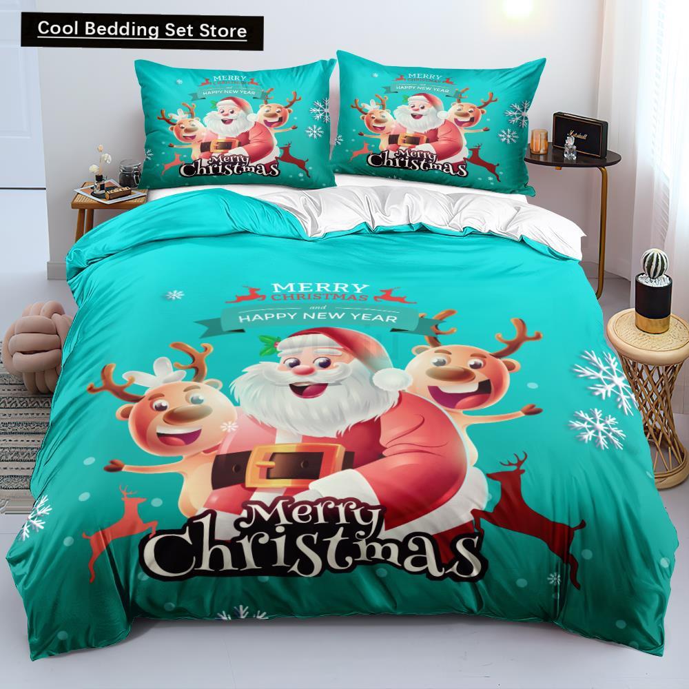 3D Christmas King Queen Duvet Cover Set Kids Cartoon Merry Christmas Red Quilt Cover 2/3pcs Polyester Beddings Set Single Double