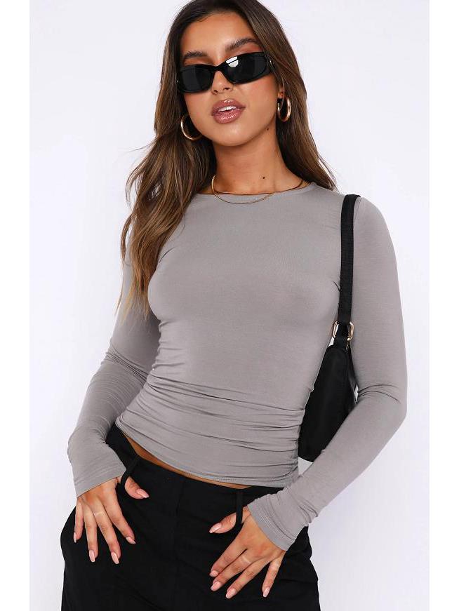 2023 Women's Autumn Slim Fit Irregular Long Sleeve T-Shirt - Solid Color, Round Neck