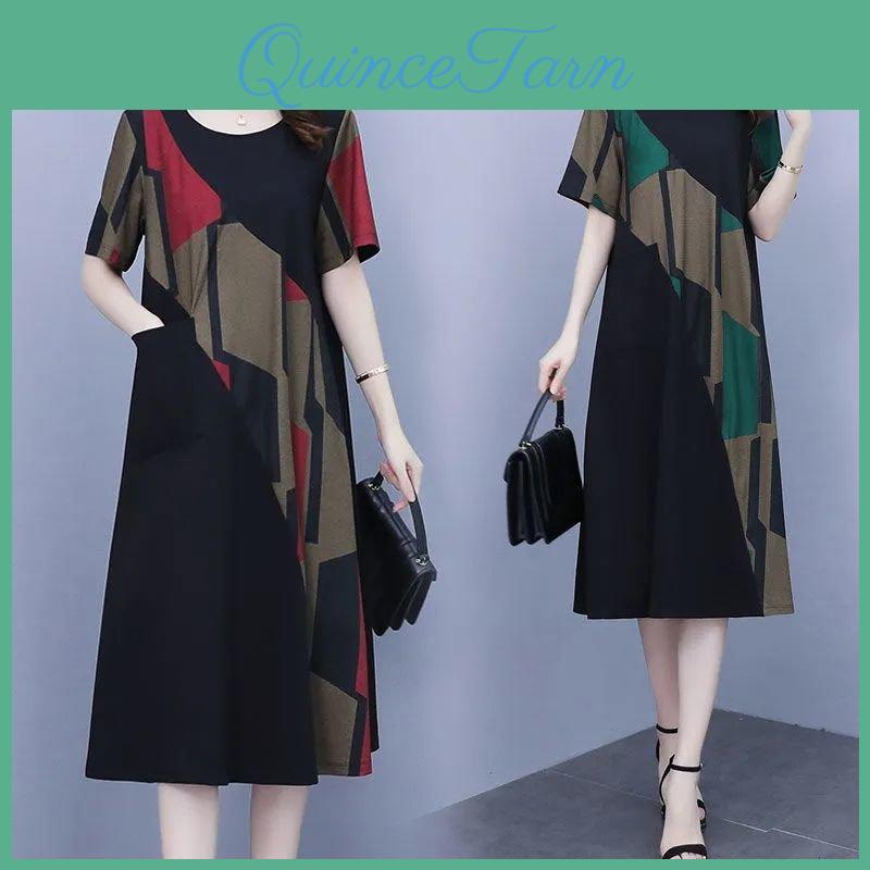 Shortsleeved Size Large Loose Dress Retro Temperament Midlength Dress Fashionable Thin Female Dresses