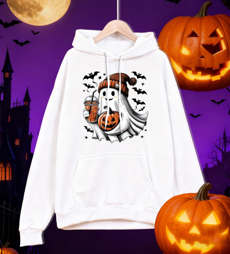 Happy Halloween Iced Drinks Ghost Design Men Hoody Autumn Hip Hop Pullover All-Match Oversized Hoodie Fleece Pocket Sportswear