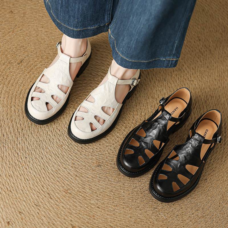 Krazing Pot Fårskinn Rund Tå Storlek 42 Hög Kvalitet Tjock Mellanhög Klack Spänne Ihålig Stil Vacker Höst Större Storlek Pumps