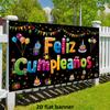 2D Feliz Cumpleaños Banner Black Colorful Birthday Backdrop for Spanish Party Decoration