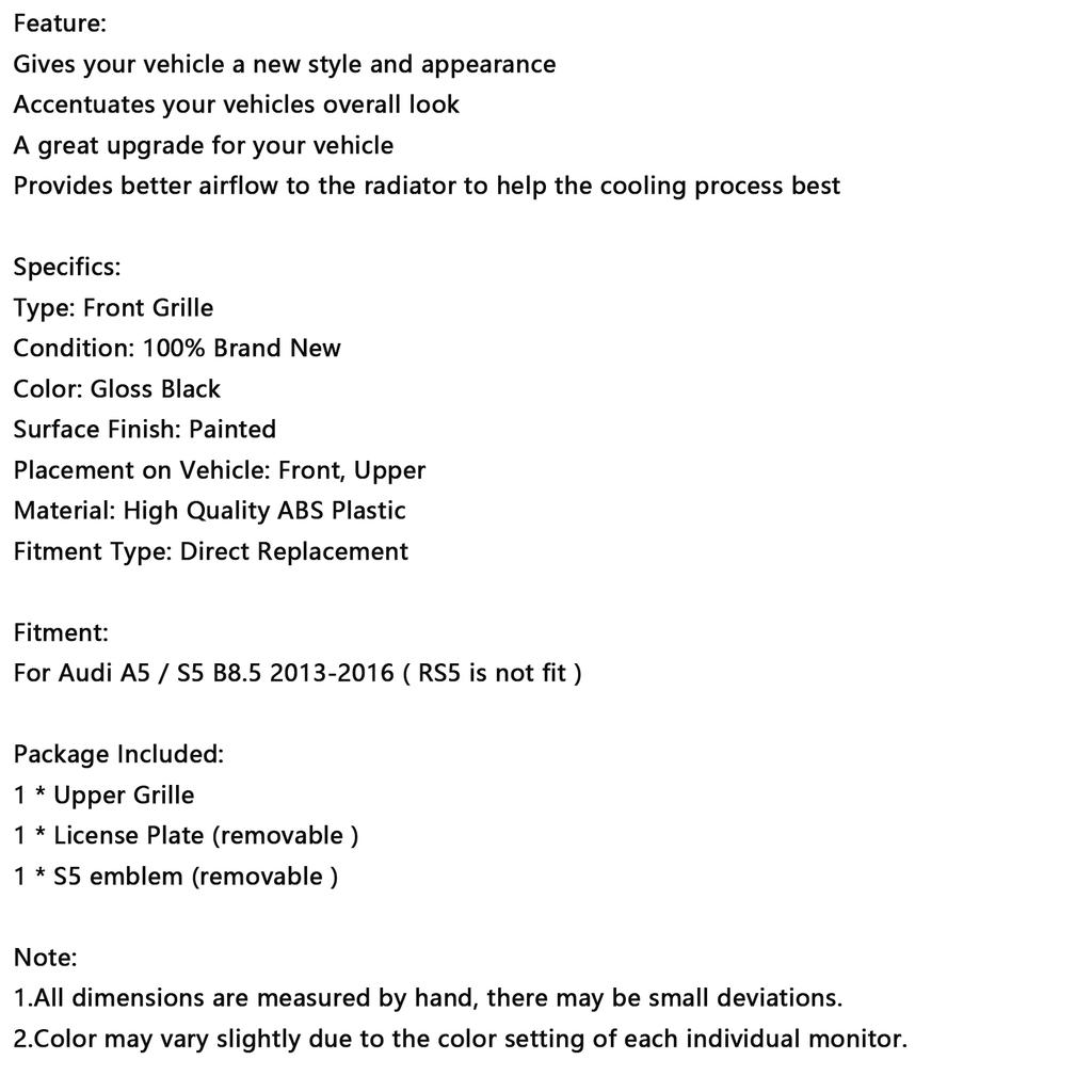 S5 Style Front Bumper Grille Grill Fit A5 S5 B8.5 2013-2016 Black