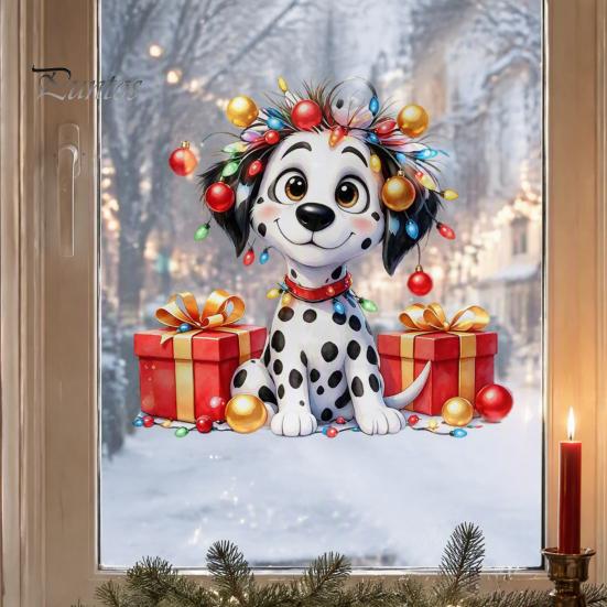 Holiday Scene Setting Decals Christmas Spotted Puppy/Penguin Static Window Sticker, Cute Watercolor Animal Glass Stickers with Colorful Lights & Gift