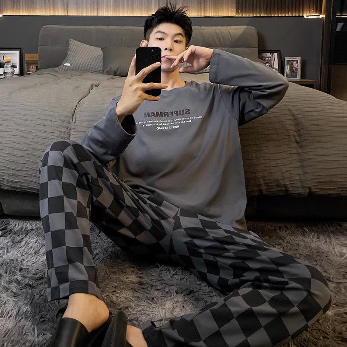 Set de pijamale bărbătesc cu mânecă lungă din bumbac - Primăvară/Toamnă, Mărime mare, Costum casual