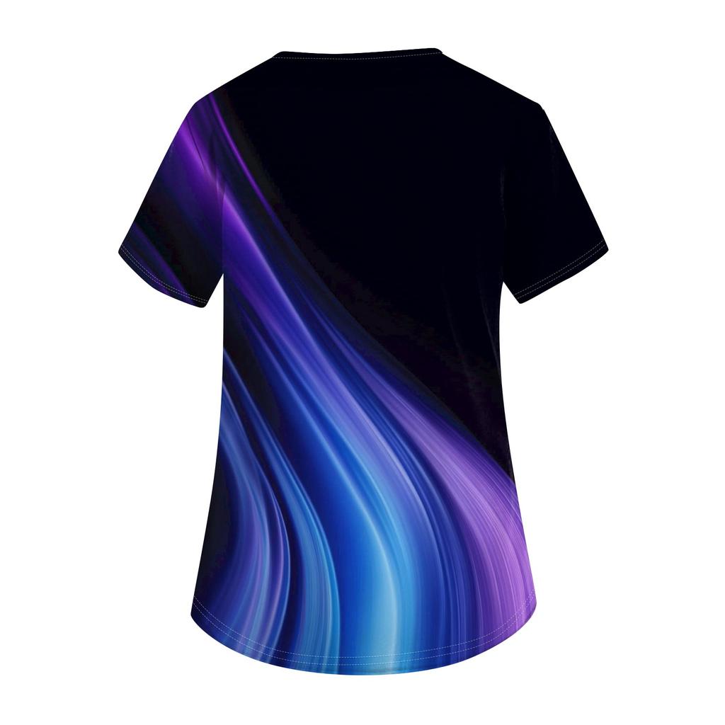 Damen Modisches bedrucktes kurzärmliges Oberteil mit V-Ausschnitt und kleiner Tasche für die Arbeit