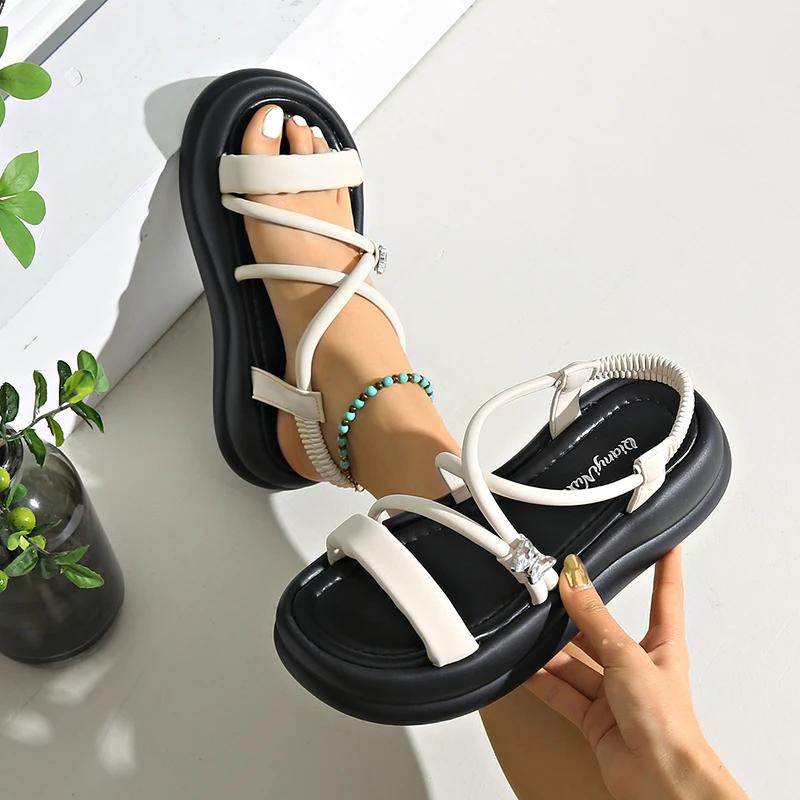 Modische französische Sandalen mit dünnen Riemen und runder Zehenpartie für Damen, weiche Sohle, Plateau-Sandalias für Damen, Sommer, Strand, Outdoor, rutschfeste Slipper Mujer