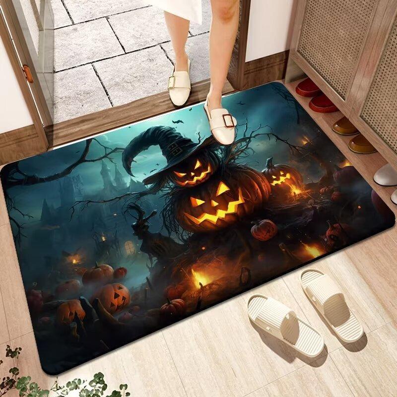Halloween Themed Door Mat with Pumpkin Bat Pattern Non Slip Absorbent Indoor Outdoor Welcome Mat for Home Decor