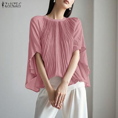 Women Elegant Round Neck Loose Casual Half Sleeve Blouse