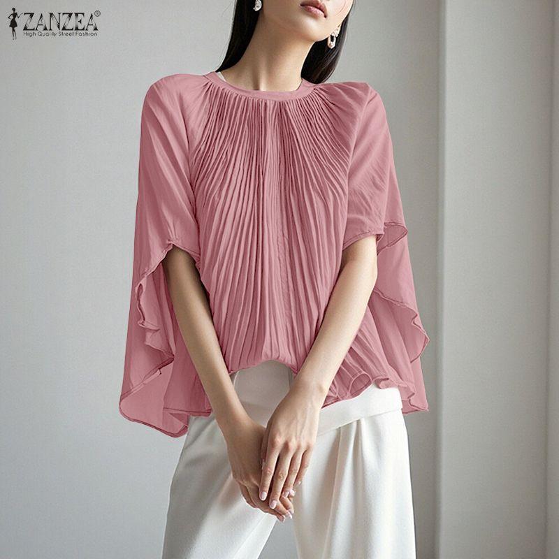ZANZEA Women Elegant Round Neck Loose Casual Half Sleeve Blouse