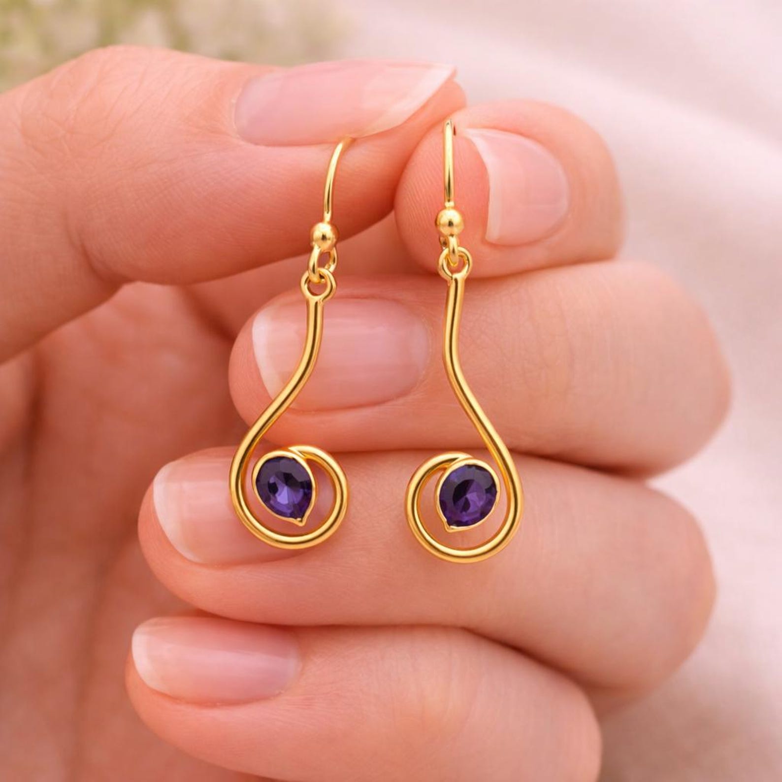 Solid 925 Sterling Silver Amethyst Round Gemstone Handmade Drop Dangle Earring Yellow Gold Plated Earring