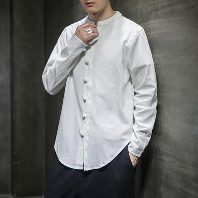 Spring Linen Shirts Men Chinese Style Long Sleeve Retro Buttoned Shirt Solid Color Stand-up Collar Loose Plus Size Tops