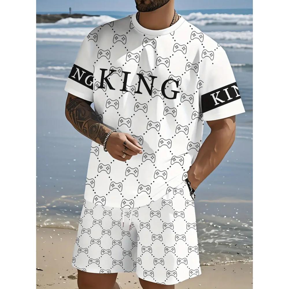 Summer Men's Clothing Letter Print Short Sleeve Top Men's Elastic Waist Shorts 2-piece Set Plus Size T Shirts Shorts Set
