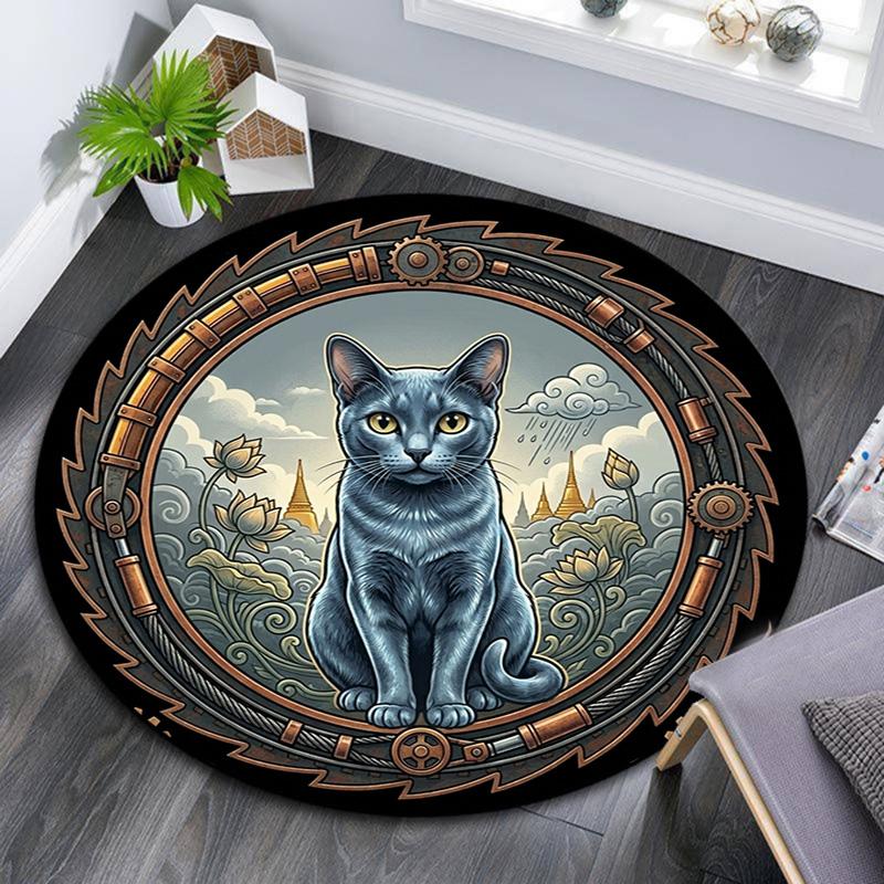 Steampunk Cat Lotus Temple Round Area Rug Under Office Chairs Bedroom Living Room Home Decor