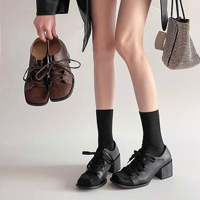 Fashion Women's Coarse Heel Leather Shoe Square Head Suede Before Lacing Low-top Shoe Square Head Fashion Splicing Women's Shoes Tacones