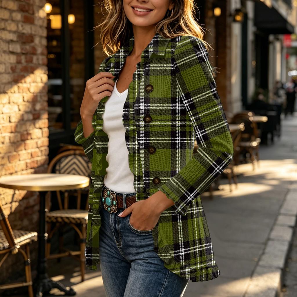 Women's Fashion Plaid Print Long Sleeve Ruffle Open Front Cardigan Outerwear for Everyday Wear
