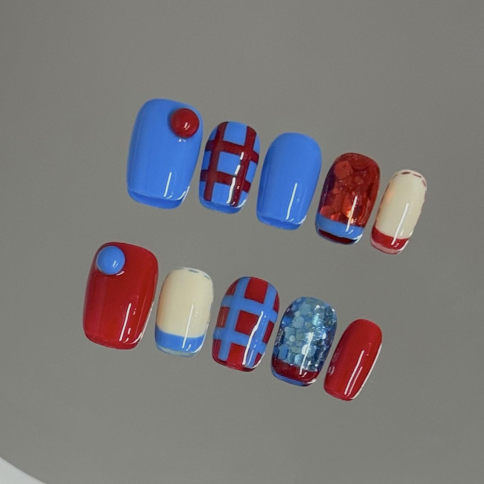 10PCS Blue Red Fake Nails with Grid Print Ultra-flexible Long Lasting Fake Nails for Manicure Lovers and Beauty Bloggers XS красный