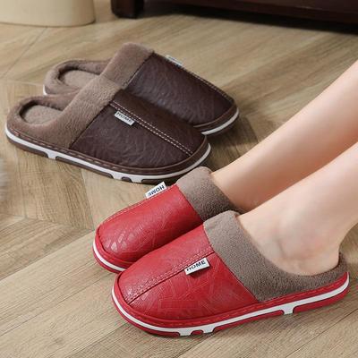 Fall and Winter Couple Slippers, Non-slip Anti-odor Indoor and Outdoor Home, Padded Thick Bottom PU Leather Slippers